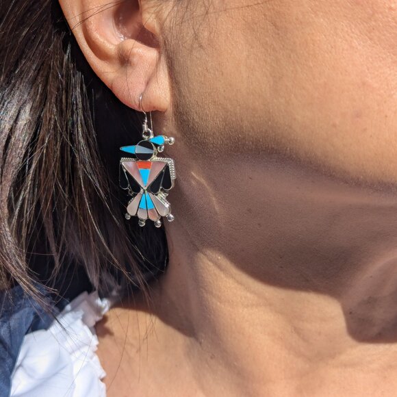 Genuine Native American Earrings Zuni Handmade Jewelry Thunderbird Design ***‎ - Picture 9 of 12